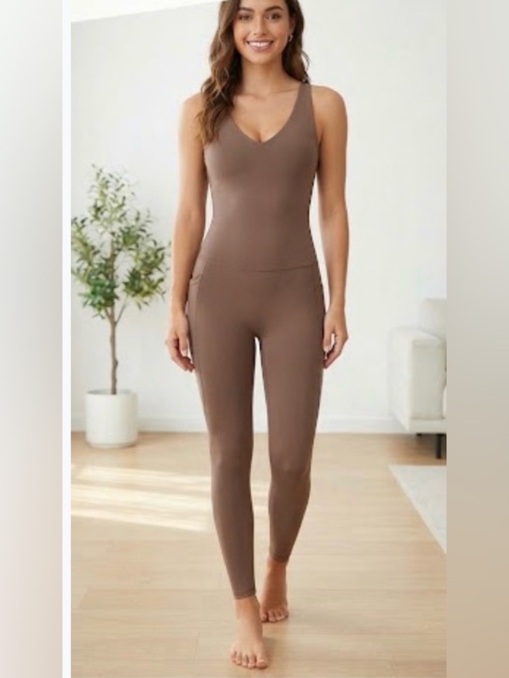 HALARA Brown V-Neck Seamless Jumpsuit